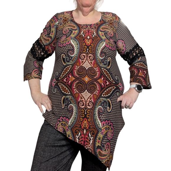 New Directions Size XL/0X Crochet Bell Paisley Tunic Top Boho Asymmetrical Hem - Picture 1 of 7
